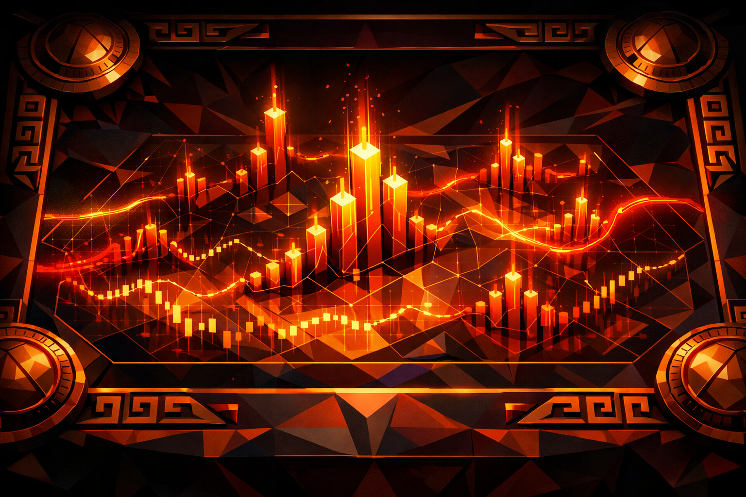 Phobos Alpha market intelligence war table with candlestick fire pillars and Greek meander border