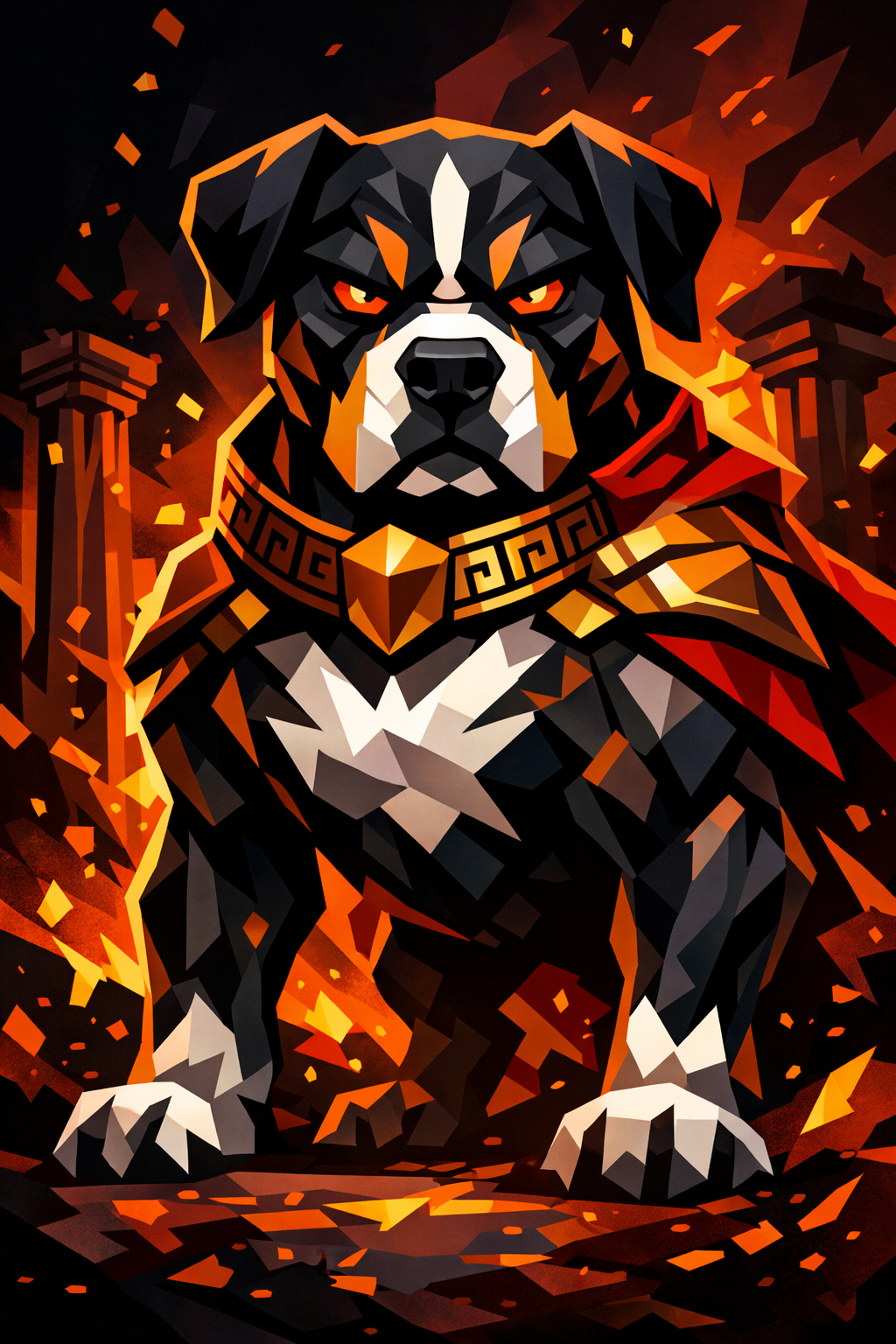 Anya, the Phobos Alpha war dog mascot — an angular geometric Spartan-style pit bull with Greek meander collar, standing amid fire embers and crumbling columns